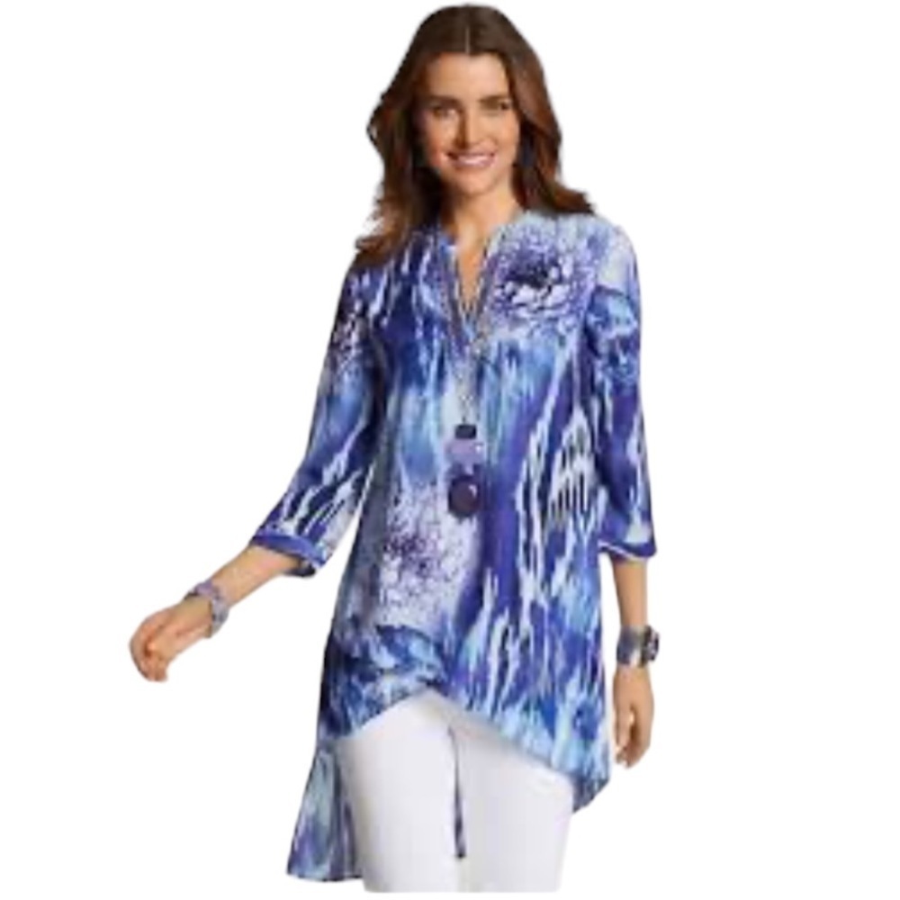 Chico's blue watercolor floral asymetrical hem flowy cascading tunic top